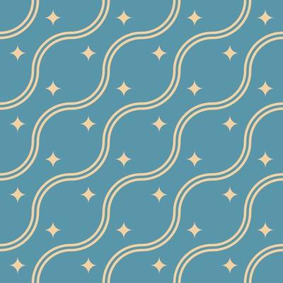 Vivid vector seamless pattern or stars and waving lines on light blue background. Suitable for web sites, wrappers, postcards, placards, textile