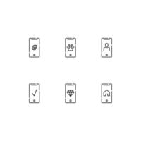 Modern monochrome symbols for web sites, apps, articles, stores, adverts. Editable strokes. Vector icon set with icon of at sign, paw, user, checkmark, diamond, home on phone display