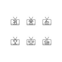 Modern monochrome symbols for web sites, apps, articles, stores, adverts. Editable strokes. Vector icon set with icon of axes, plane, warship, winner cup, stars, private house on tv screen