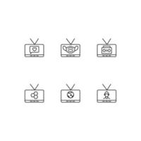 Modern monochrome symbols for web sites, apps, articles, stores, adverts. Editable strokes. Vector icon set with icon of heart, face mask, recorder, honeycomb, planet, builder on tv screen