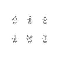 Modern monochrome symbols for web sites, apps, articles, stores, adverts. Editable strokes. Vector icon set with icon of bell pepper, wrench, teapot, knife, hammer in shopping cart