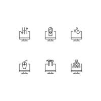Modern monochrome symbols for web sites, apps, articles, stores, adverts. Editable strokes. Vector icon set with icon of sound, woman, drops, cup, tools, algorithm on computer monitor