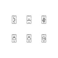 Modern monochrome symbols for web sites, apps, articles, stores, adverts. Editable strokes. Vector icon set with icon of pepper, coat hanger, French press, bear, cosmetic bottles on phone display