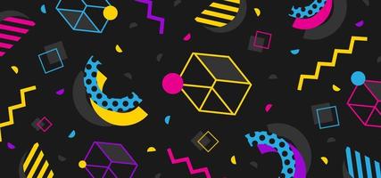 Background in the style of the 80s with multicolored geometric shapes on the black background vector