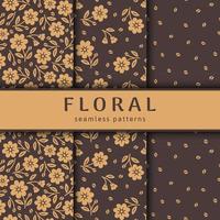 Set of seamless flower patterns. Gold stylized flowers on brown background vector