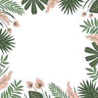 Frame of green and pink tropical leaves and flowers vector