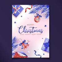 tarjeta de navidad con ramas de pino azul y bolas festivas rojas sobre fondo rosa vector