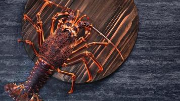 Raw fresh Cape rock lobster, West Coast rock lobster, Jasus lalandii on a dark slate background with cold ice cubes, top view, flat lay, overhead shot. photo