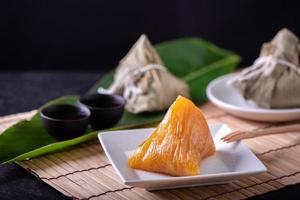 Alkaline rice dumpling zongzi - Traditional sweet Chinese crystal food on a plate to eat for Dragon Boat Duanwu Festival celebration concept, close up. photo