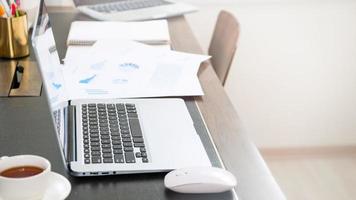 Home office, blank monitor for design, working from home, web communication call, online meeting, remote worker concept, close up, template, mock up. photo