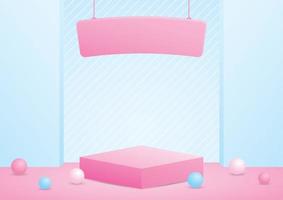 lindo podio de exhibición de producto rosa femenino con cartel colgante sobre fondo azul pastel dulce vector de ilustración 3d para poner objeto