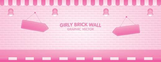 cute sweet pastel pink brick wall and footpath background with awning and hanging sign illustration vector