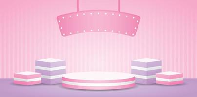 linda exhibición de podio a rayas de moda con letrero colgante de bombilla en una pared rosa pastel dulce y vector de ilustración 3d de piso púrpura para poner productos de belleza y cosméticos