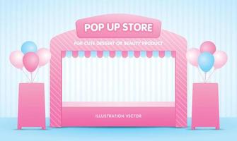 cute girly sweet pink pastel pop up store 3d illustration vector with signboard and balloons graphic element