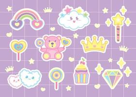 cute girly kawaii graphic elements on pastel grid pattern background vector