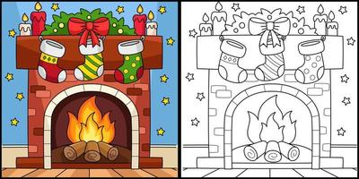 Christmas Fireplace with Stocking Coloring Page vector