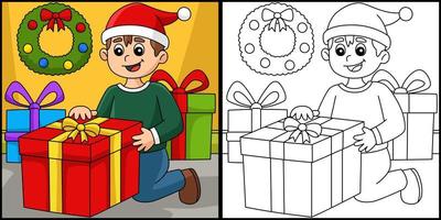 niño de navidad abriendo regalo página para colorear vector