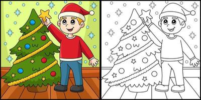 Christmas Boy And Christmas Tree Coloring Page vector