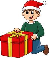 Christmas Boy Opening Gift Cartoon Colored Clipart vector