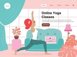 lecciones de yoga de la página de destino en línea. clases de entrenador, ilustración plana para página web vector