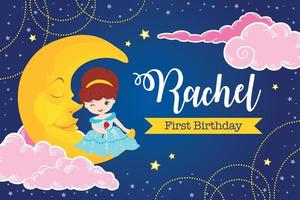 Twinkle Twinkle Little Star con linda princesa en la luna para cumpleaños o plantilla de fondo de fiesta de baby shower vector