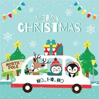 Merry Christmas greeting card with reindeer and friends on car vector