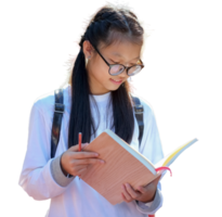 Asian schoolgirl with book, transparent background. png