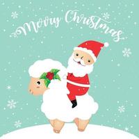 Santa Riding Sheep Illustration. Merry Christmas greeting card