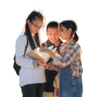 Asian schoolgirl with book, transparent background. png