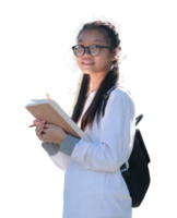 Asian schoolgirl with book, transparent background. png
