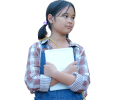 Asian schoolgirl with book, transparent background. png