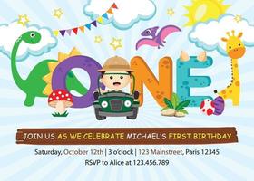 First Birthday Invitation with cute boy and friends in the jungle vector