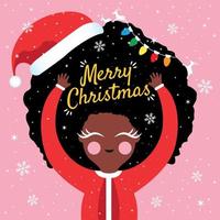 Christmas holidays vector illustration greetings card with black cute girl wearing santa claus hat
