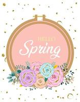 Hello spring card design with glitter flower vector