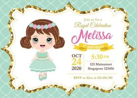First Royal Birthday Party Invitation Girl. Template with frame and texture background. Golden glitter frame. vector