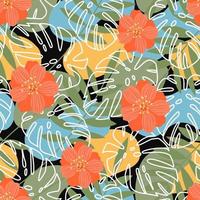 Orange flowers leaves and spots on a black background. Fabric pattern. Decorative print. Fashion print. Seamless vector decoration.