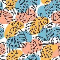 Abstraction from black outlines of palm leaves and hand-drawn spots of beige, blue and orange pastel colors on a white background. Seamless summer vector pattern. Design element for fabric, wrapper.