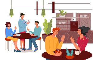 Customers sitting at tables in a cafe or restaurant, vector flat illustration on white background. Cafe visitors and waitress cartoon characters.