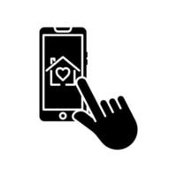 Hand touch icon with house of love in mobile phone. icon related to charity, affection, love. Glyph icon style, solid. Simple design editable vector