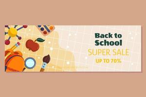 Colorful back to school sale offer banner template with different studying supplies - backpack bag magnifier paint brush apple molecule. Vector illustration design with copy space