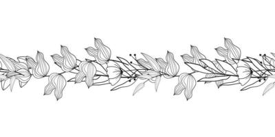 borde rústico vintage de patrones sin fisuras con motivos florales. flores ilustración de línea en blanco y negro. flores y hojas vector