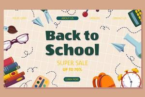 Colorful back to school sale offer landing page template with different studying supplies - books stack, paint palette, bag alarm glasses paper airplane. Vector illustration design with copy space