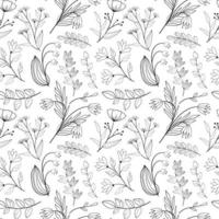 Floral seamless pattern in black and white line style. Doodle flowers textile print. Vintage nature graphic. Bell flower, meadow flowers and leaves motif vector