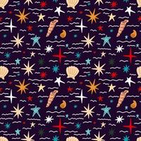Seamless pattern with shells, corals, starfish on a dark blue background vector