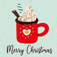 ilustración vectorial tarjeta de felicitación de feliz navidad con taza de chocolate caliente con crema batida servida con canela y paja rayada vector