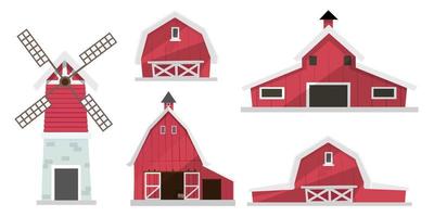 Set of farm elements. Agriculture isolated illustrations. Barn buildings, wind turbines. vector