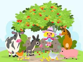 Cute animals in ranch, Farm and agriculture. illustrations of village life and objects Design for banner, layout, annual report, web, flyer, brochure, ad. vector