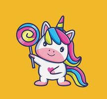 linda chica unicornio come caramelos de piruleta. ilustración aislada del concepto de comida animal de dibujos animados. estilo plano adecuado para el vector de logotipo premium de diseño de icono de etiqueta. personaje mascota