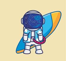 linda tabla de surf de astronauta. dibujos animados viajes vacaciones vacaciones verano concepto aislado ilustración. estilo plano adecuado para el vector de logotipo premium de diseño de icono de etiqueta. personaje mascota