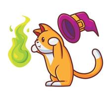 cute wizard cat using a magic fire. Isolated cartoon animal Halloween concept illustration. Flat Style suitable for Sticker Icon Design Premium Logo vector. Mascot character vector